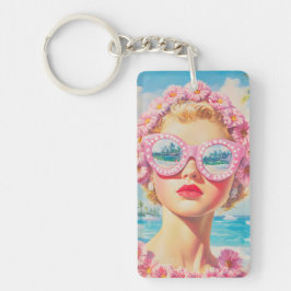 Retro Beach Girl mit Blumenbrille Schlüsselanhänger