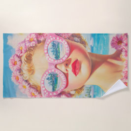 Retro Beach Girl mit Blumenbrille Strandtuch