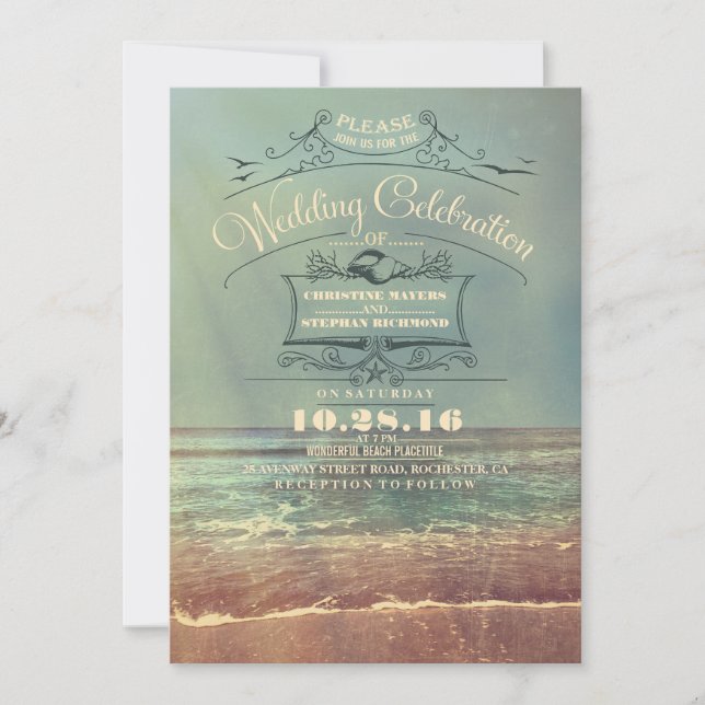 Retro Beach Hochzeit - Vintag Seascape Einladung (Vorderseite)
