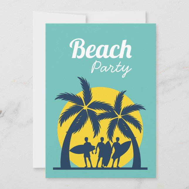 Retro Beach Party Sonnenuntergang Palmen Invitati Einladung (Vorderseite)