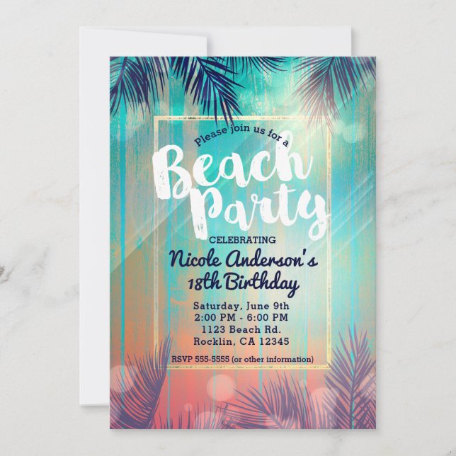 Retro BEACH PARTY Sonnige Palmen Bäume Sommer Gebu Einladung (Vorderseite)