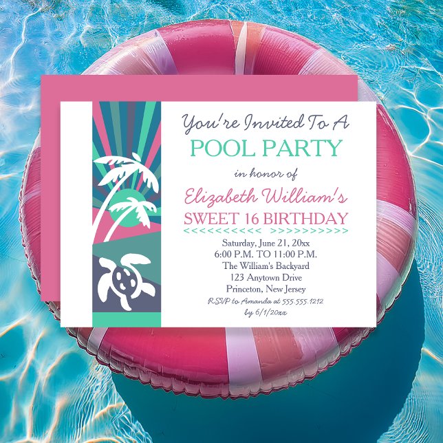 Retro Beach Sunset Sweet 16 Birthday Pool Party Einladung (Pink Retro Beach Sunset Sweet 16 Birthday Pool Party Invitation - Print | Digital Download)