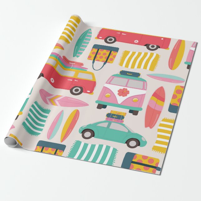 Retro Beach Van und Surfboard Muster Geschenkpapier (Ungerollt)