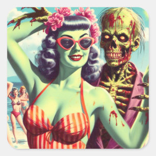 Retro Beach Zombie Button-Up Quadratischer Aufkleber