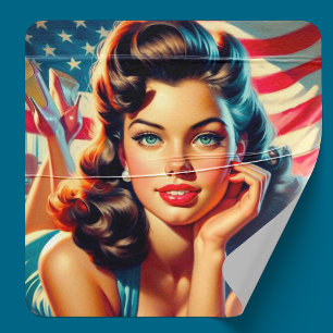 Retro Beautiful American Girl Quadratischer Aufkleber