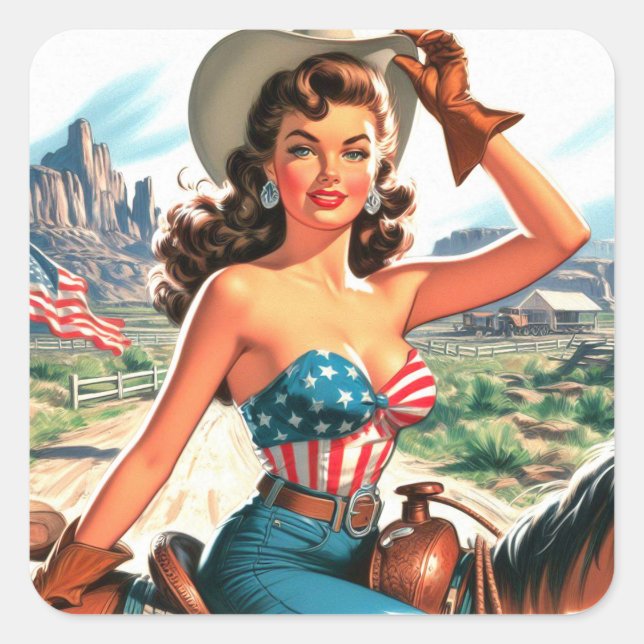 Retro Beautiful Cowgirl Button Up Quadratischer Aufkleber (Vorderseite)