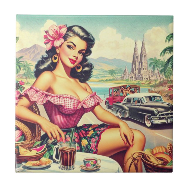 Retro Beauty Hispanic Girl Fliese (Vorderseite)