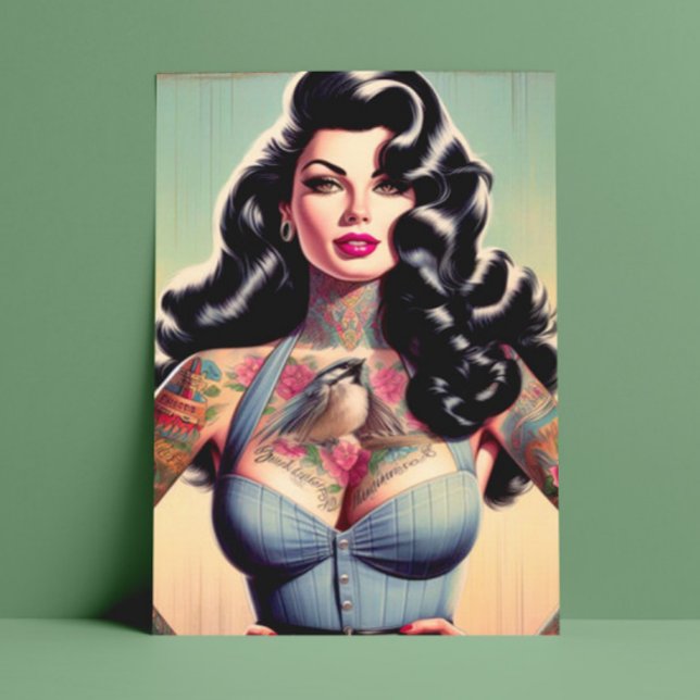 Retro Beauty Tattooot Button hoch Postkarte (Von Creator hochgeladen)