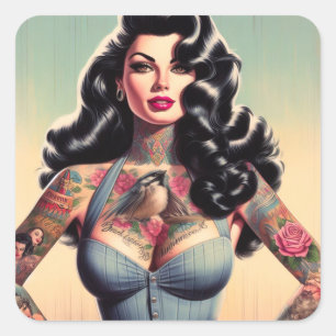 Retro Beauty Tattooot Button hoch Quadratischer Aufkleber