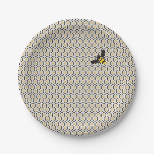 Retro Bee and Honeycomb Grid Pattern Pappteller (Vorderseite)