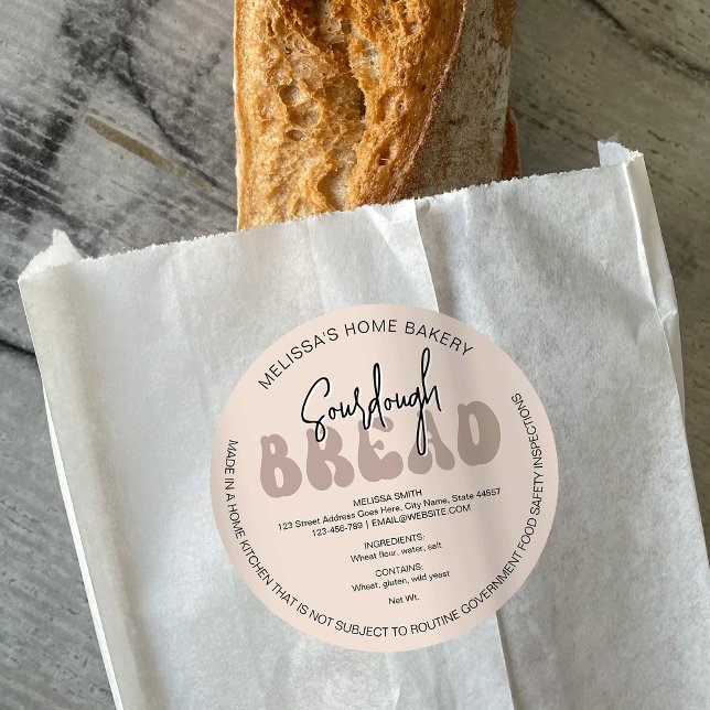 Retro Beige Loaf Brot Moderne Hütte Bäckerei Runder Aufkleber (Trendy beige bread baker packaging stickers with ingredients & your business name)