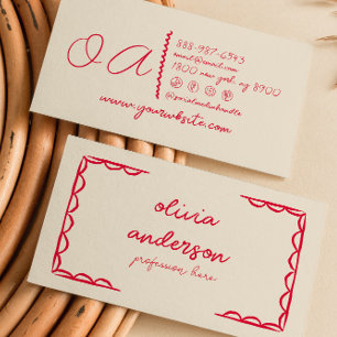 Retro Beige Rote Handschriftliche Boho Girly Visitenkarte