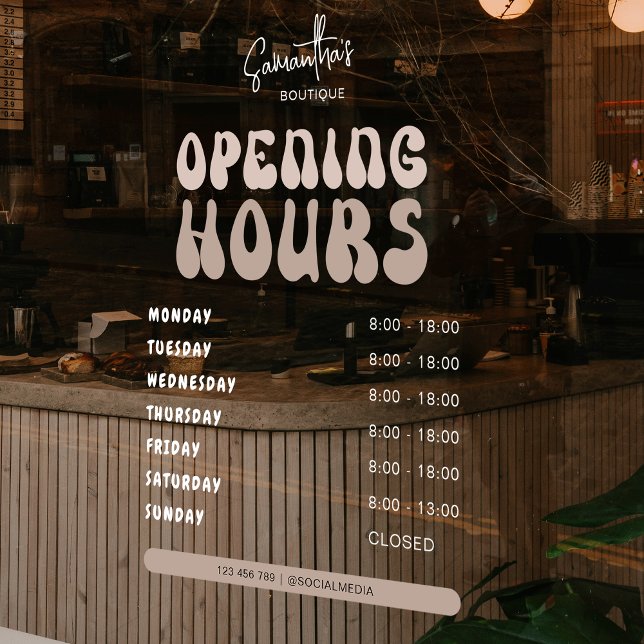 Retro Beige Trendy Beauty Salon Shop Öffnungszeite Fensteraufkleber (Trendy opening hours window cling with retro fonts, cream and white text and transparent background)