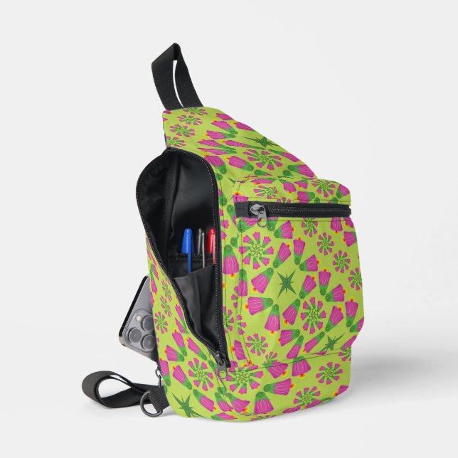 Retro Bell Blume Mandalas Grüne Sling Tasche (Offen)
