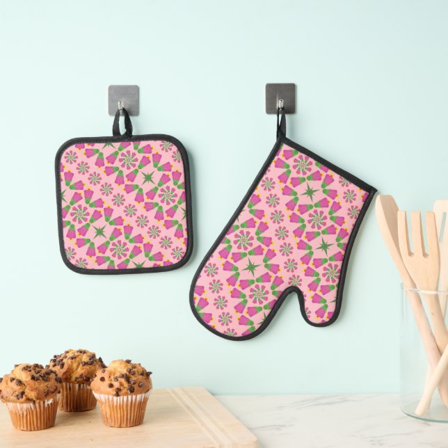 Retro-Bell-Blume-Mandalas Ofenhandschuh & Topflappen-Set (Insitu (Hängend))