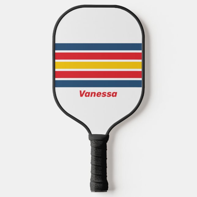 Retro-Berg über Streifen mit Namen Pickleball Schläger (Vorderseite)