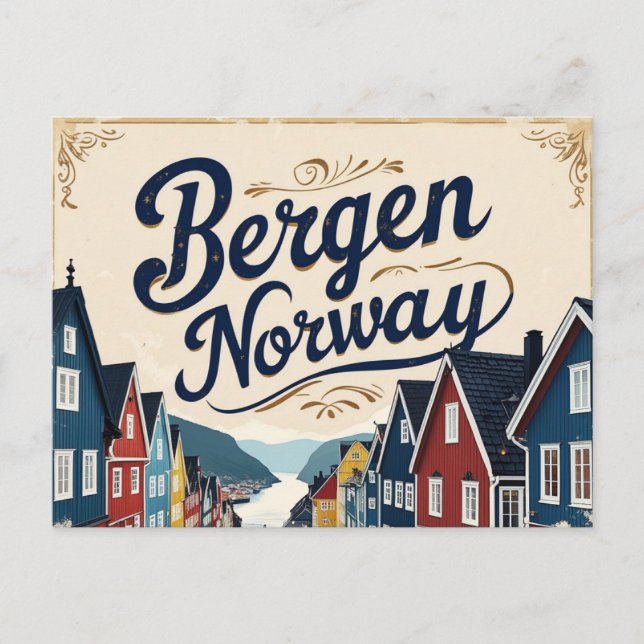 Retro Bergen Harbor View Postkarte (Vorderseite)