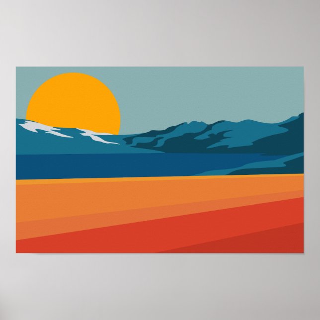 Retro Berglandschaft Illustration Blau Gelb Poster (Vorne)