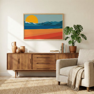 Retro Berglandschaft Illustration Blau Gelb Poster