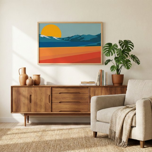 Retro Berglandschaft Illustration Blau Gelb Poster (Von Creator hochgeladen)