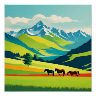 Retro Berglandschaft Illustration farbenfroh Poster