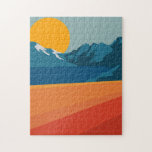 Retro Berglandschaft Illustration Orange Blue<br><div class="desc">Dieses stilvolle Rätsel zeigt eine farbenfrohe und kühn gestaltete Darstellung einer Retro-Berglandschaft in Rot,  Orange und Blau.</div>