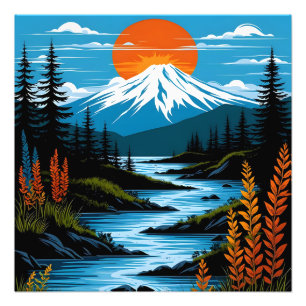 Retro Berglandschaft Illustration Rot Blau Fotodruck