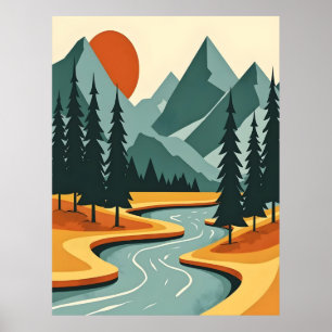 Retro Berglandschaft Illustration Rot Blau Poster