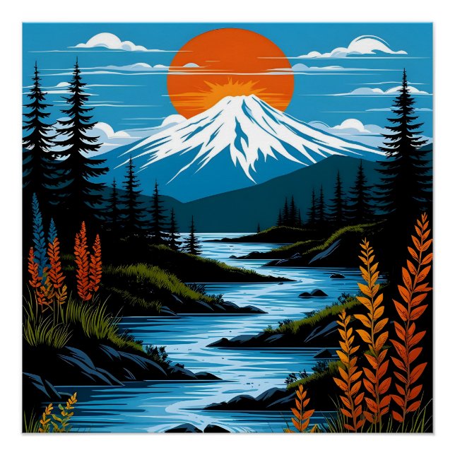 Retro Berglandschaft Illustration Rot Blau Poster (Vorderseite)