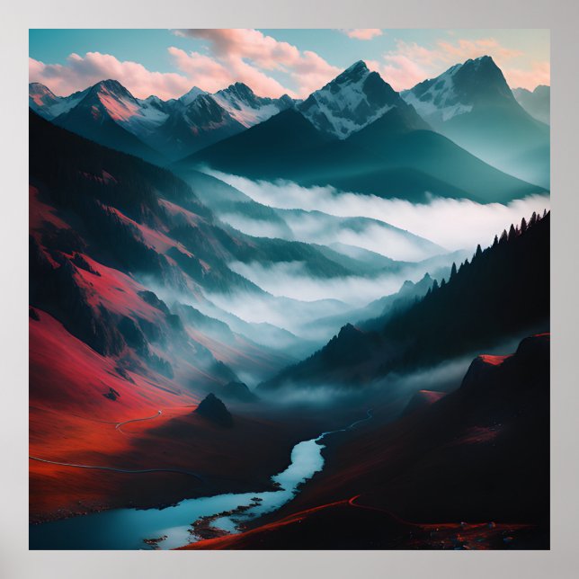 Retro Berglandschaft Illustration Rot Blau Poster (Vorne)