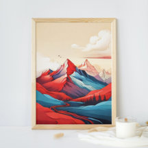 Retro Berglandschaft Illustration Rotes Blau Kunst