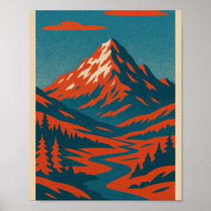 Retro-Berglandschaft Rot-blaue Vintage-Po Poster