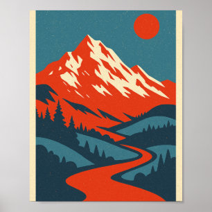 Retro-Berglandschaft Rot-blaue Vintage-Po Poster