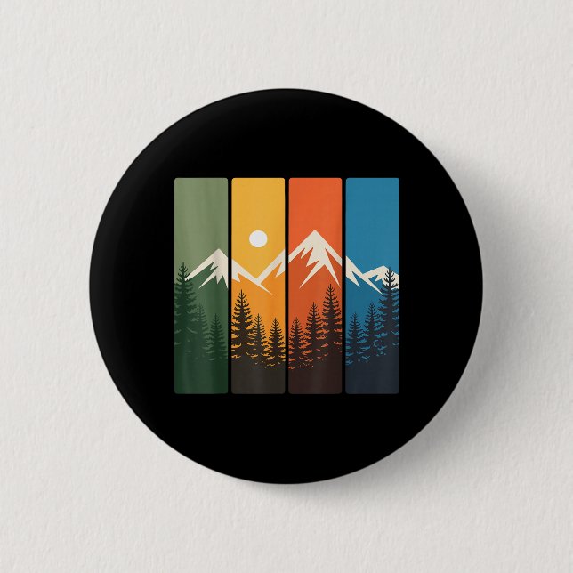 Retro-Bergwald-Sonnenuntergangslandschaft Natur Button (Vorderseite)