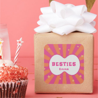 Retro Besties Pink & Orange Sonnenstrahl Personali Quadratischer Aufkleber