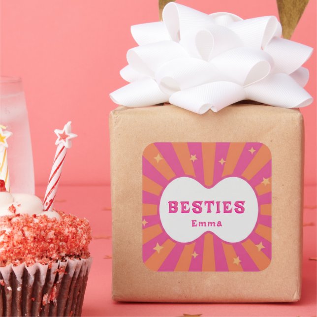 Retro Besties Pink & Orange Sunburst Personalized  Quadratischer Aufkleber (Party)