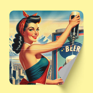 Retro-Bier-Pinup Quadratischer Aufkleber