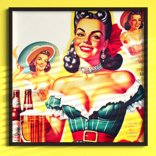Retro Biermädchen Button-up Poster