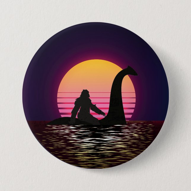 Retro Bigfoot Reiten über den Loch Ness Button (Vorderseite)
