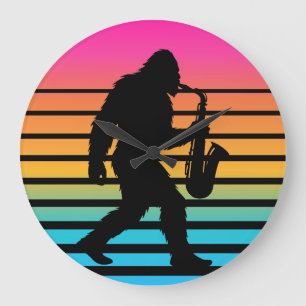 Retro Bigfoot Saxophon Sonnenuntergang Große Wanduhr