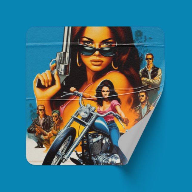 Retro-Biker-Mädchen Quadratischer Aufkleber (Von Creator hochgeladen)