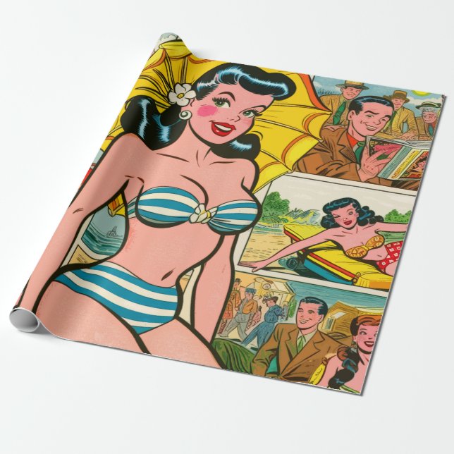 Retro Bikini Girl Summer Comic Geschenkpapier (Ungerollt)