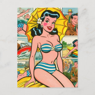 Retro Bikini Girl Summer Comic Postkarte