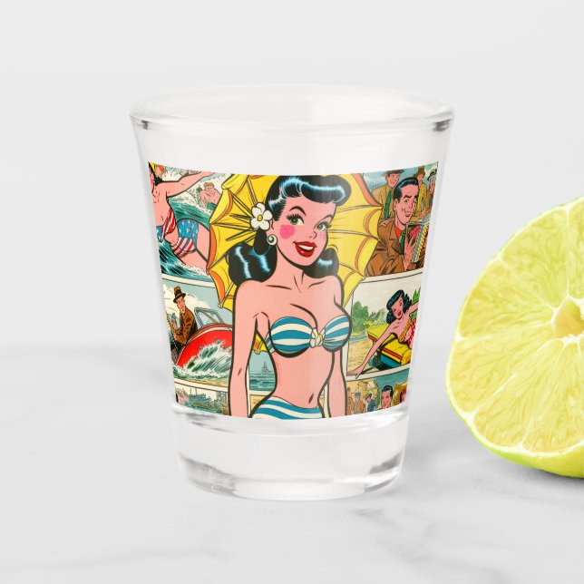 Retro Bikini Girl Summer Comic Schnapsglas (Vorderseite)