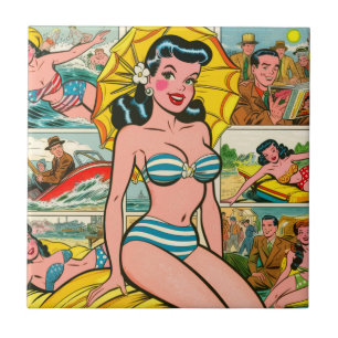 Retro-Bikinimädchen-Sommer-Comics Fliese