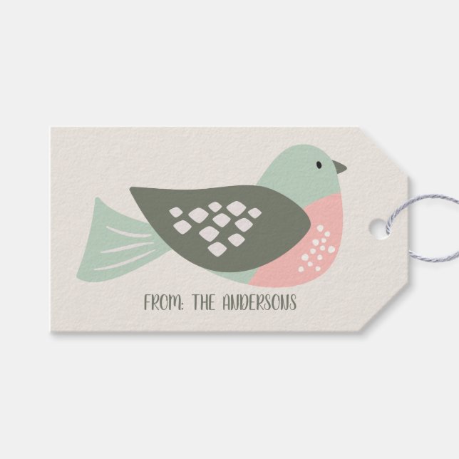 Retro Bird Personalisiert Creme Grüner Urlaub Geschenkanhänger (Vorderseite (Horizontal))