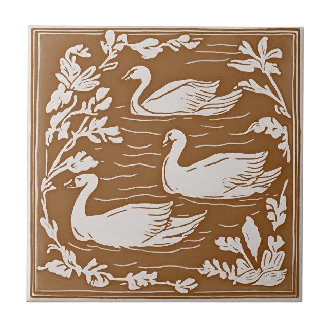 Retro Birds Vintag Brown Art Nouveau Swans Fliese (Vorderseite)