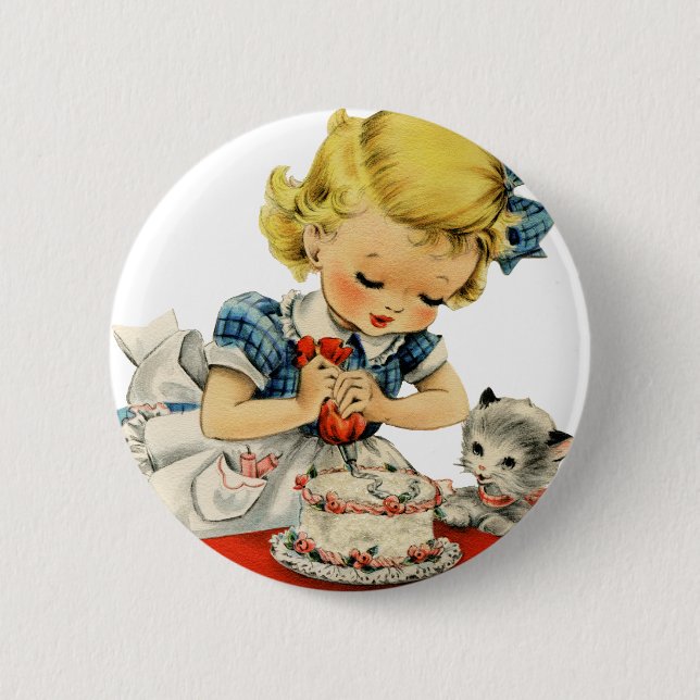 Retro Birthday Girl Cake Cat Artwork Button (Vorderseite)