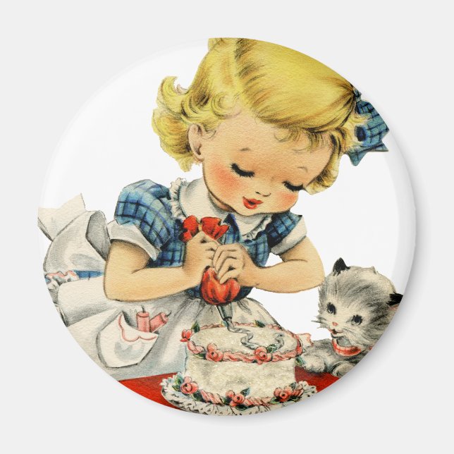 Retro Birthday Girl Cake Cat Artwork Magnet (Vorne)
