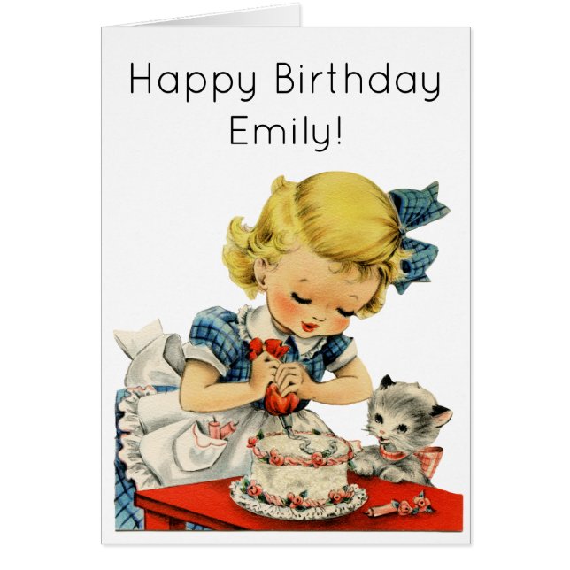 Retro Birthday Girl Cake Cat Children Artwork (Vorne)